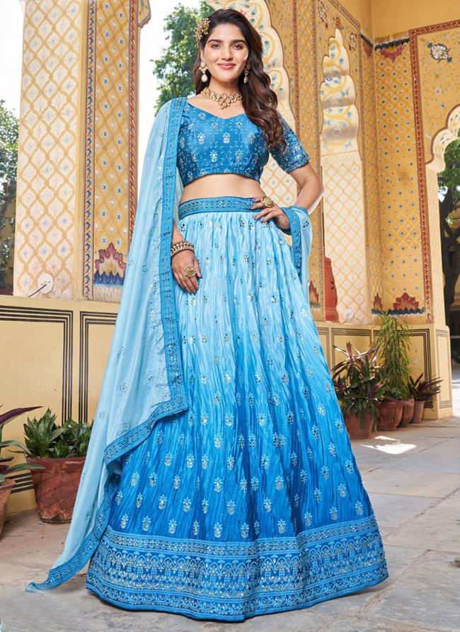 Chinnon Sky Blue Wedding Wear Embroidery Work Lehenga Choli